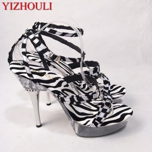 Classic Zebra Pattern 15cm Temptation Sandals Ultra Thin High Heels Platform Shoes 5 Inch Sexy Crystal Shoes