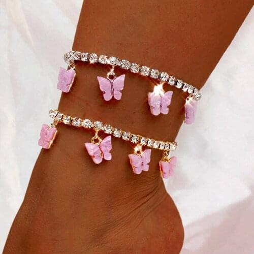 Korean Fashion Sweet Butterfly Pendant Anklets for Women Gold Silver Color Rhinestone Tennis Chain Anklet Summer Foot Jewelry