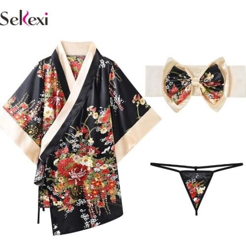 Sekexi Women Sexy Printed Kimono Lingerie Japan Style Floral Kimono Dress Satin Silk Cardigan Sleepwear Bathing Robe Nightgown