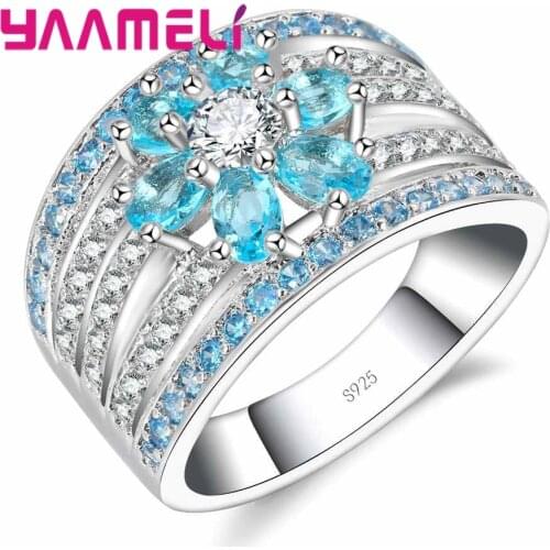 Brand Blue Stone Ornament With White Crystal Flower Shape 925 Sterling Silver Rings For Women Christmas Present