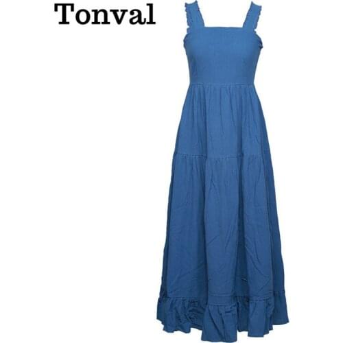 Tonval Blue Cotton Casual Maxi Dresses for Women Square Neck Summer High Waist Vacation Beach Pleated Tank Dress