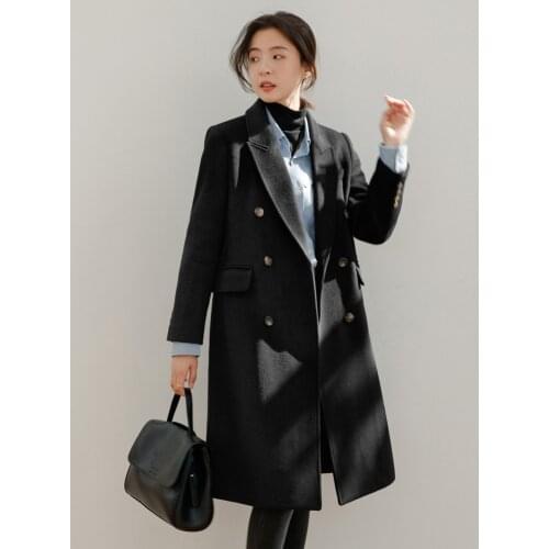 Overcoat woman 2021 new autumn and winter Hepburn black woolen medium long thickened wool coat
