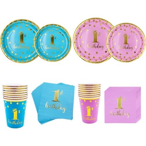 40pcs Boy Girl 1st Birthday Party DBoy Girl 1st Birthday Party Decor Disposable Tableware Kit Blue Pink Plate Cups Napkins Baby