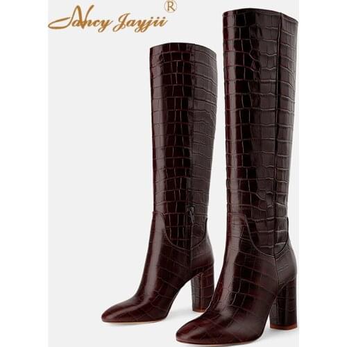 Burgundy Brown Crocdile Boots High Block Heel Ladies Vegan Shoes For Women Spring Luxury Dress Party Zip Winter Plus Size 15 16
