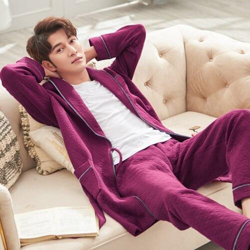 Spring Autumn Mens Pajamas Rob Sets 2PCS Oversize Cotton Keep Warm Homewear Suits Leisure Style Comfortable Winter Bathrobe