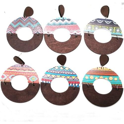 Printing Round Dangle Wooden Earrings can mixed 6 colors
