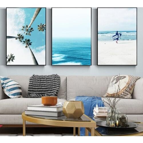 Surf Beach Wall Art Canvas Painting Ocean Palm Turquoise Waves Tropical Blue Poster Gallery Wall Pictures Prints Home Decor