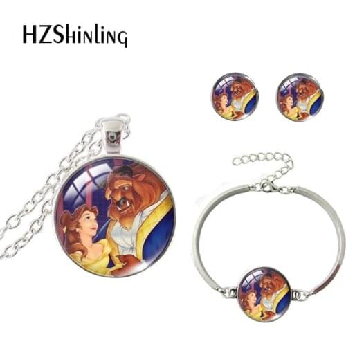 2021 New Arrival Disney Couples Princess and Prince Round Dome Pendant Stud Earrings and Bangle Bracelet Jewelry Set