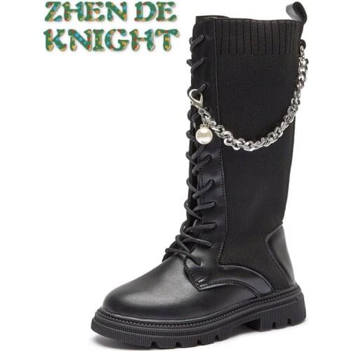 Autumn Kids Long Boots For Girls Fashion Cool Rubber Boots Knee High Children Martin Boots For Girls Princess Knitted Sock Boots