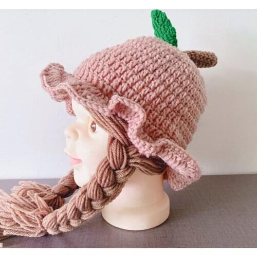 Autumn Winter Handmade Knitted Baby Girls Wig Hat Newborn Wigs Brades Kids Ear Protection Ruffle Crochet Cap with Plaits