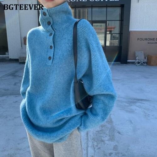 BGTEEVER Autumn Winter Thicken Loose Women Turtleneck Solid Sweaters Casual Buttons Full Sleeve Ladies Knitted Pullovers 2021