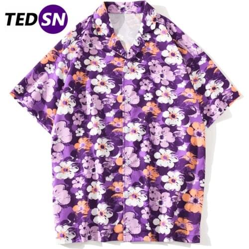 Flower Print Oversized Loose Men Shirts Summer Hip Hop Hawaii Beach Short Sleeve 2021 Cotton Casual Vacation Tops