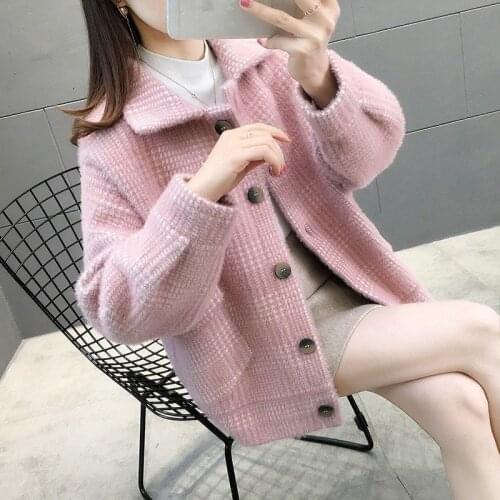 2021 Women New Autumn and Winter Short Faux Mink Fur Coat Female Korean Fashion Knitted Sweater Single Breasted Cardigan N48