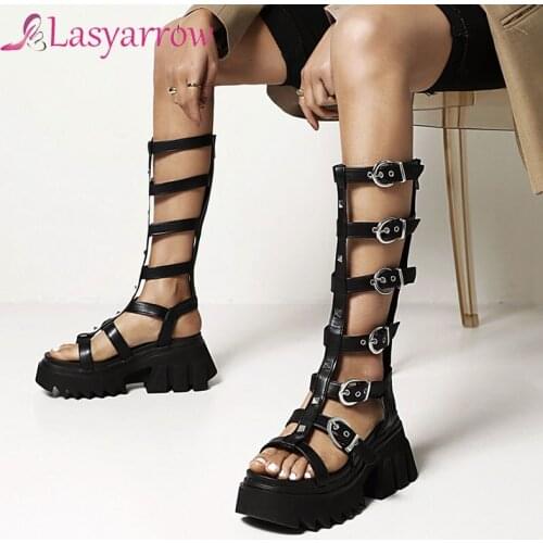 Lasyarrow 2020 knee high hallow cut out female gladiator sandals open toe casual punk platform summer shoes women sandals