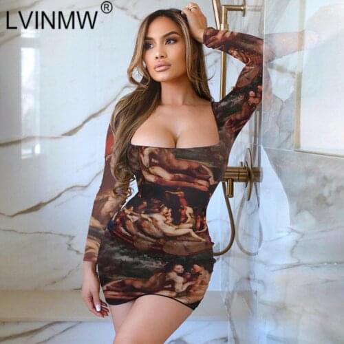 LVINMW Sexy Square Collar Long Sleeve Character Print Mini Dress 2020 Autumn Women Dresses Slim Fashion New Outfits Streetwear