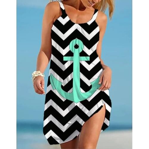 Women Beach Dress Anchor 3D Printed Off Shoulder Sleeveless Sundress Sexy Dresses Hawaii Summer Holiday Dress Beachwear Bikini