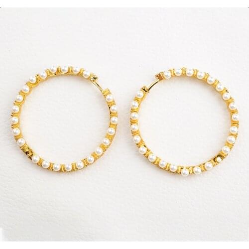 1 pair 40mm New Big Hot Gold Color Charm White Pearl Round Hoop Earrings