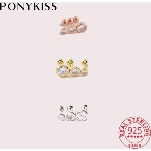 PONYKISS 1 PCS Real 925 Sterling Silver Round Zircon Stud 14K Gold Earrings For Women Classic Fine Jewelry Gift Drop Shipping