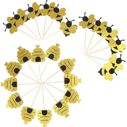 12pcs Cute Bee Shape Cupcake Paper Cake Topper Birthday Party Cake Honeybee Fruit Picks Dessert Decorative Supplies