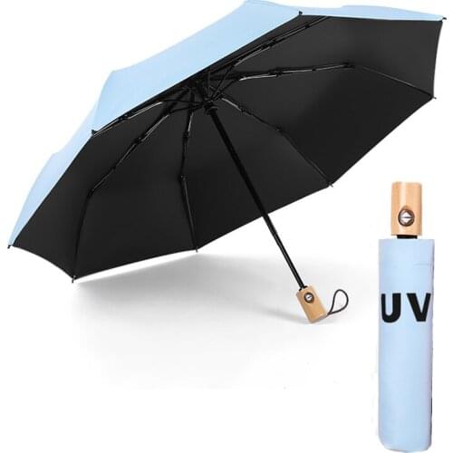 Automatic Sun Umbrella Business Men Wooden Handle 8K Aluminum Folding Umbrellas Sunscreen Anti UV Parasol Windproof