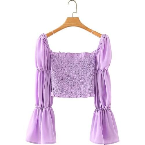 Square Neck Blouse Top Puffy Sleeves Ladies Blouse with Ruffles Long Sleeve Chiffon Blouse Purple Womens Tops and Blouses 2020