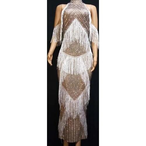 Sparkly Rhinestones Tassels Off Shoulder Long Dress Stars Singer Host Evening Party Celebration Dresses