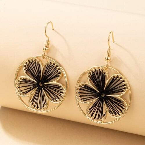 Docona 2021 New Flowers Drop Dangle Earrings for Women Trendy Black Hollow Geoemtric Gold Color Party Jewelry Accessories 18574