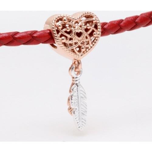 DoDoFly Genuine 925 Sterling Silver Hollow Heart & Two Piece Falling Feather Dream Catcher Charm fit Original bead Bracelet