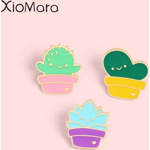 Smiling Plant Pot Enamel Pins Good Mood Cactus Brooches Lapel Badges Cute Cartoon Plants Jewelry Gifts for Friend Wholesale Pin