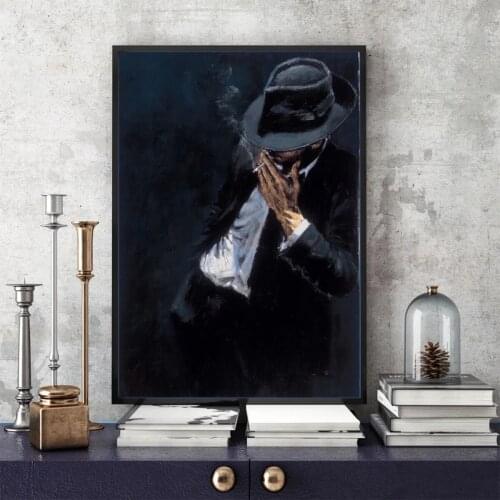 Canvas Painting Cool Man Smoking Man In Black Suit Poster and Prints Painting Wall Pictures for Living Room Decor Cuadros