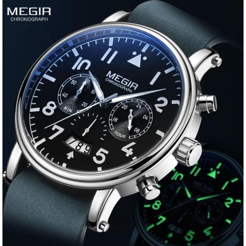 MEGIR Genuine Leather Strap Quartz Watches Men 2021 New Fashion Chronograph Watch for Man Blue Luminous Wristwatch Relojes