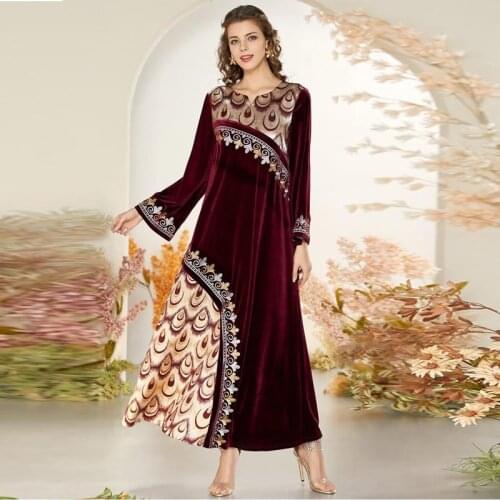 Fashion Arabian Gold Thread Embroidery Muslim Casual Jacquard Stitching Velvet Large Swing Dress Fashion Kaftan Islamic Clothing