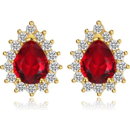 Fashion Gold/Silver Red Waterdrop Crystal Zircon Stud Earrings for Women Party Banquet Jewelry Gift