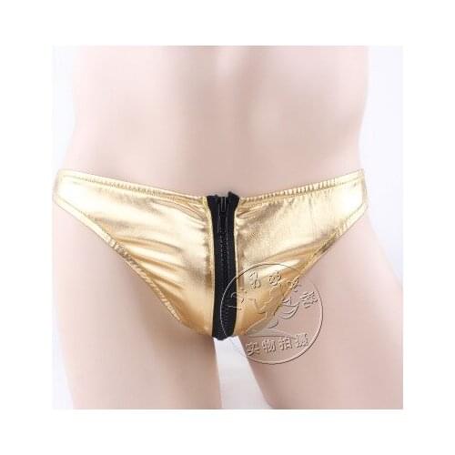 Men sexy underwear briefs zipper patent leather pants temptation erotic lingerie catwalk costumes sex porno panties