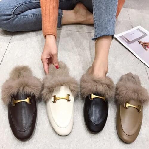 NEW fur slides Muller shoes outdoor wild casual rabbit fur slippers female lazy shoes flat half slippers womens shoes