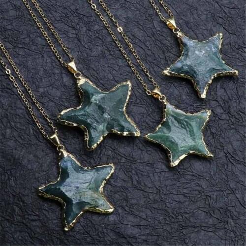 New Style 6pcs/Lot Handmade Raw Stone Necklace with Five Points Star Pendant with Gilt Agatess For Men and Women Jewelry