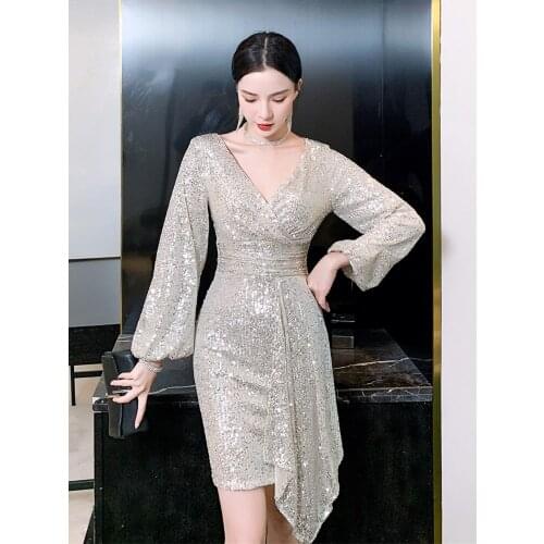 Partysix Prom Dress Sexy Deep V-Neck Short Sleeves Luxurious Simple Sequins Mermaid Above Knee New Plus size Women Formal Party