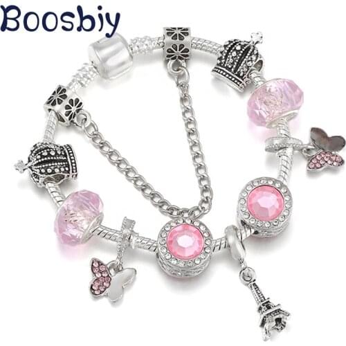 Silver Plated Alloy Tower & Flying Butterfly Pendants Fit Brand Snake Chain Charm Bracelet For Women Romantic Pink Jewelry Gift