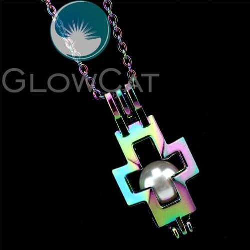R-C513 Rainbow Colors Cross Beads Cage Pendant Perfume Diffuser Aromatherapy Pearl Cage Locket Necklace