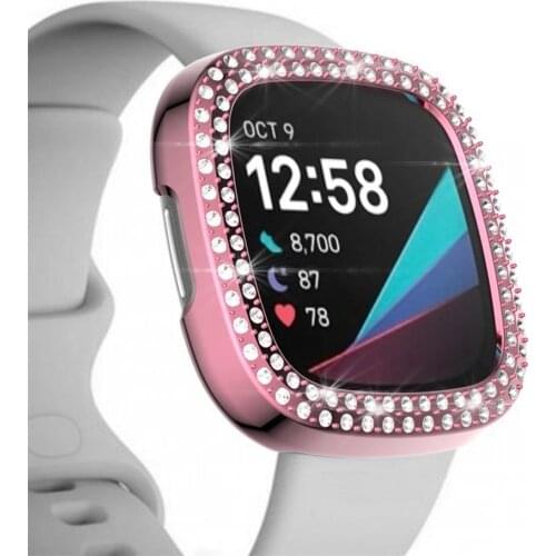 Luxury Women PC Bumper for Fitbit Sense Versa 3 Watch Case Two Rows Diamond Cover Lightweight Shiny Shell Accessories