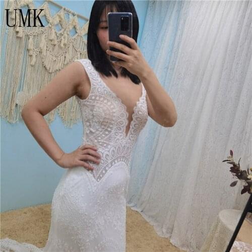 UMK Luxury Beading Mermaid Wedding Dress Elegant Lace V Neck Backless Chic Boho Bridal Gowns illusory
