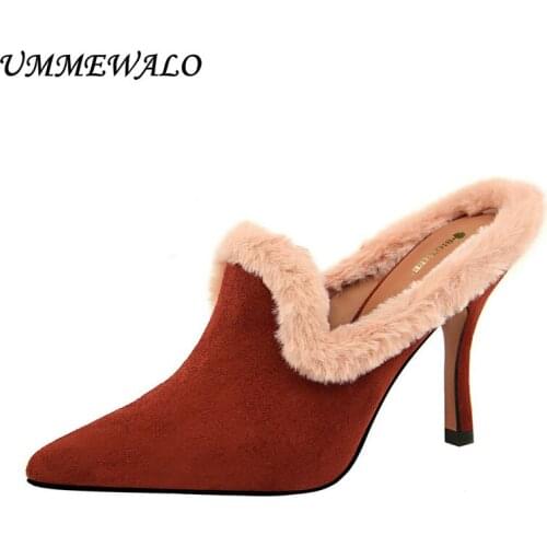 UMMEWALO Pointed Toe Sexy Flock High Heels Shoes Women Spring Autumn Faux Fur Pumps Slippers