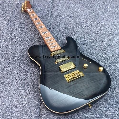 High-quality 6-string electric guitar, transparent black paint, charcoal maple neck, abalone inlay, tiger maple veneer, package
