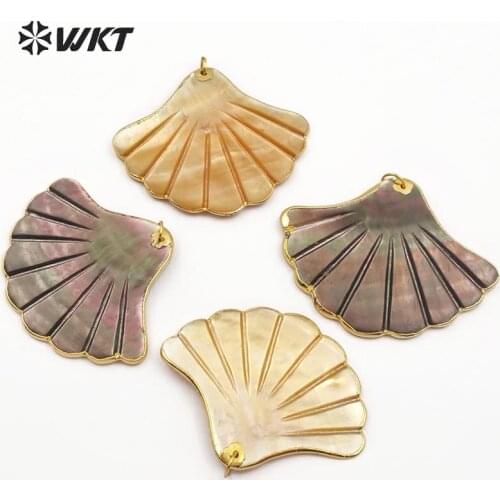 WT-JP067 WKT Wholesale Dainty Shell Jewelry Pendant Natural Wild Coast Sea Shell Fan Shape With Gold Bezel Popular Jewelry