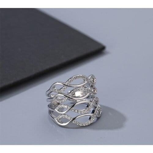 YJGS Multilateral Intersecting Inlaid Silver Color Zircon Open Rings Female Exaggerated Fashion Trend Adjustable Ring Jewelry