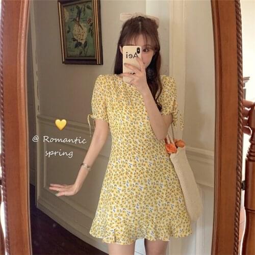 Daisy Yellow Floral Dress Female Korean Kawaii Cute Womens Dresses Japanese Harajuku Ulzzang Ladies Vintage Clothing For Women