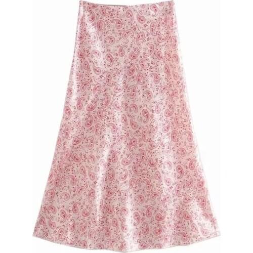 Women Paisley Printing Thin Satin Midi Skirt Casual Female Loose Streetwear P1928