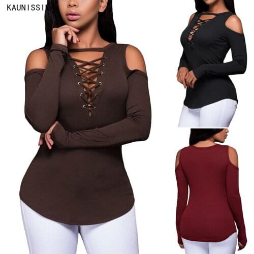 Women Bottoming Shirt European and American Style T-shirt Spring Autumn Cold-Shoulder Long Sleeve Bandage V-Neck Elastic Tops