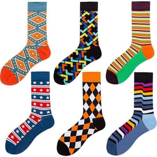 Happy Socks Men Cotton Funny Socks Crew Stripe Geometry Personality Harajuku Funny Socks Embroidery Painting Christmas Gifts