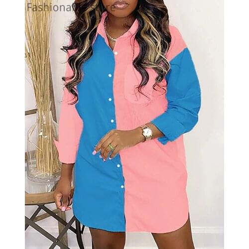 Women Colorblock Pocket Single Breasted Design Long Sleeve Shirt Dress